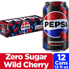Closeup of the Wild Cherry label on Pepsi Zero Sugar can for branding.