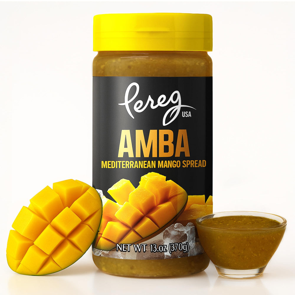 Pereg Amba sauce bottle showing tangy mango flavors ideal for shawarma topping.