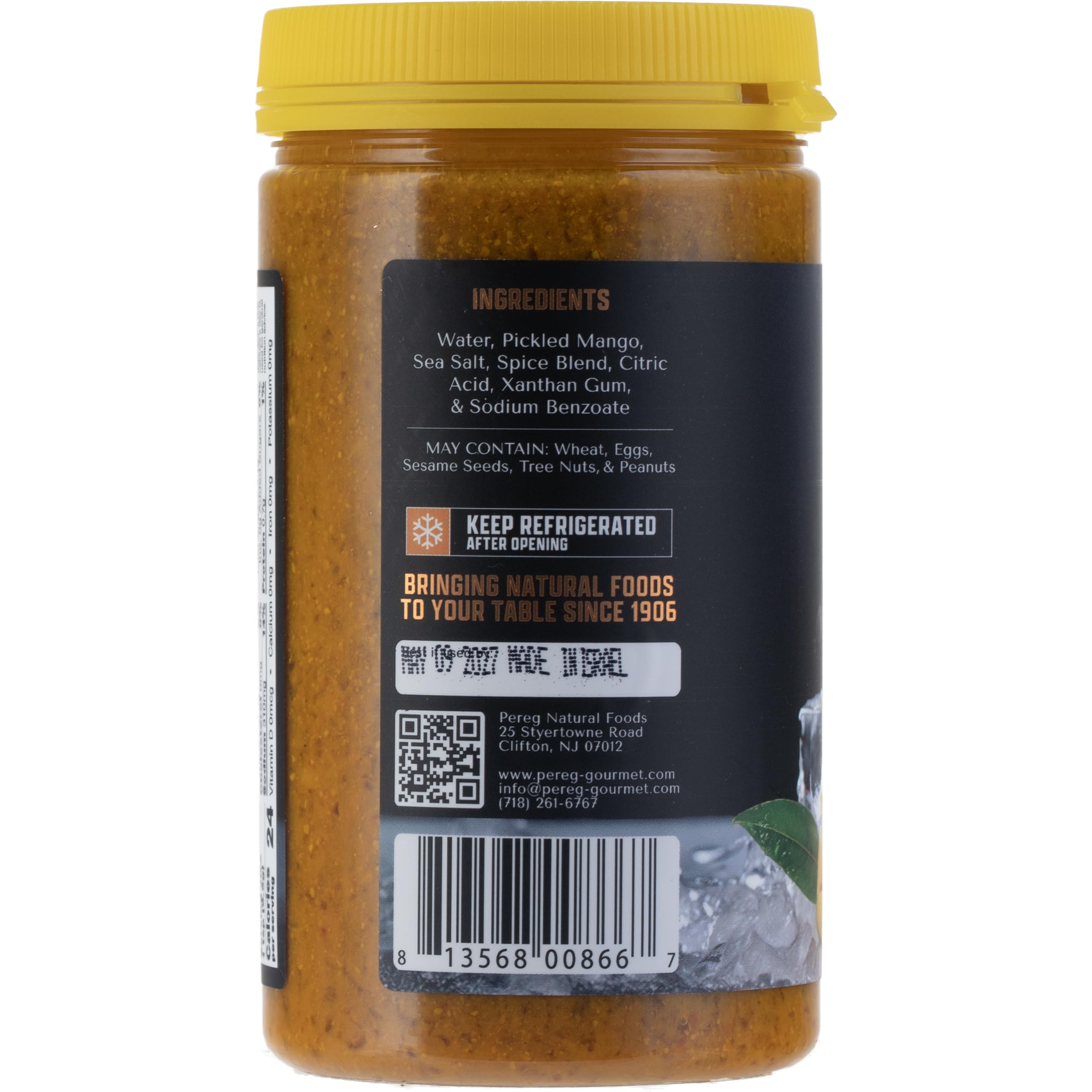 Pereg Amba on grocery shelf signaling clean, vegan, non-GMO flavor.