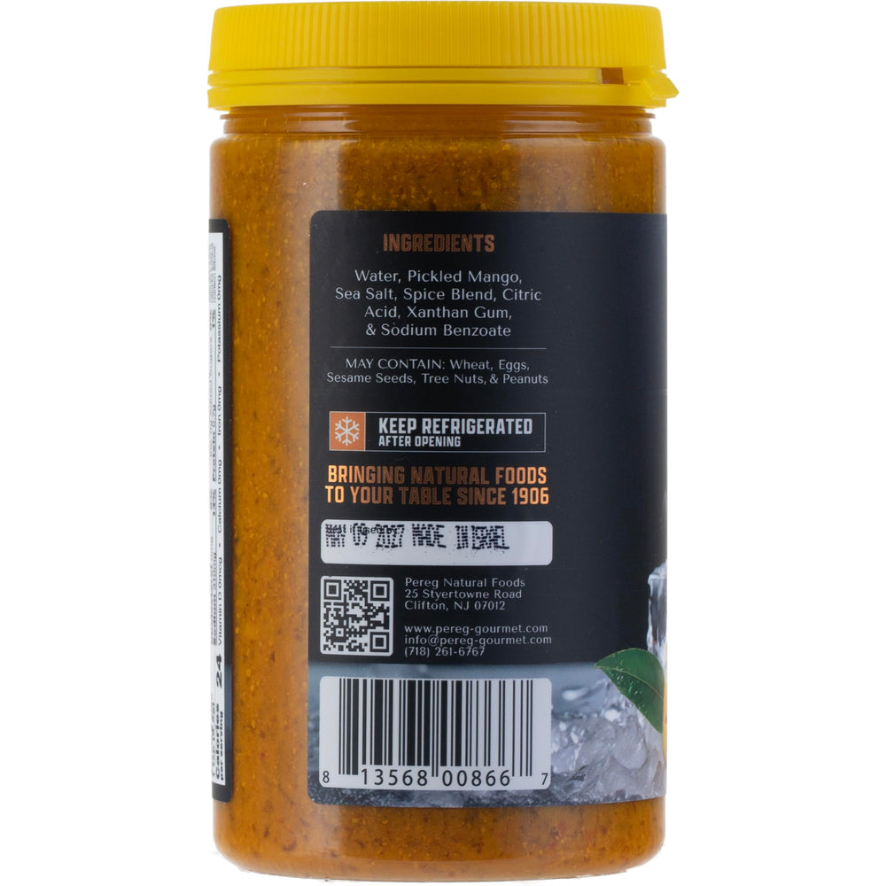 Pereg Amba on grocery shelf signaling clean, vegan, non-GMO flavor.
