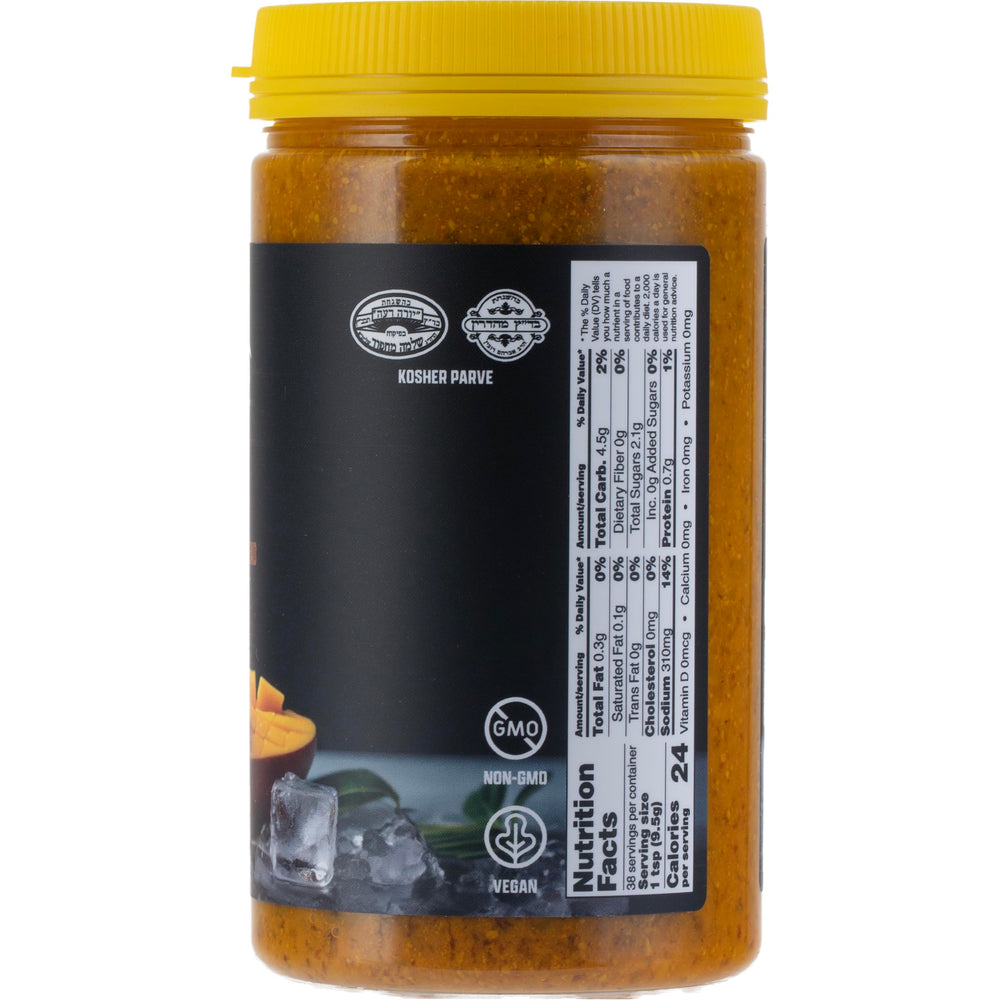 Pereg Amba jar close-up highlighting vibrant color perfect as dip or spread.