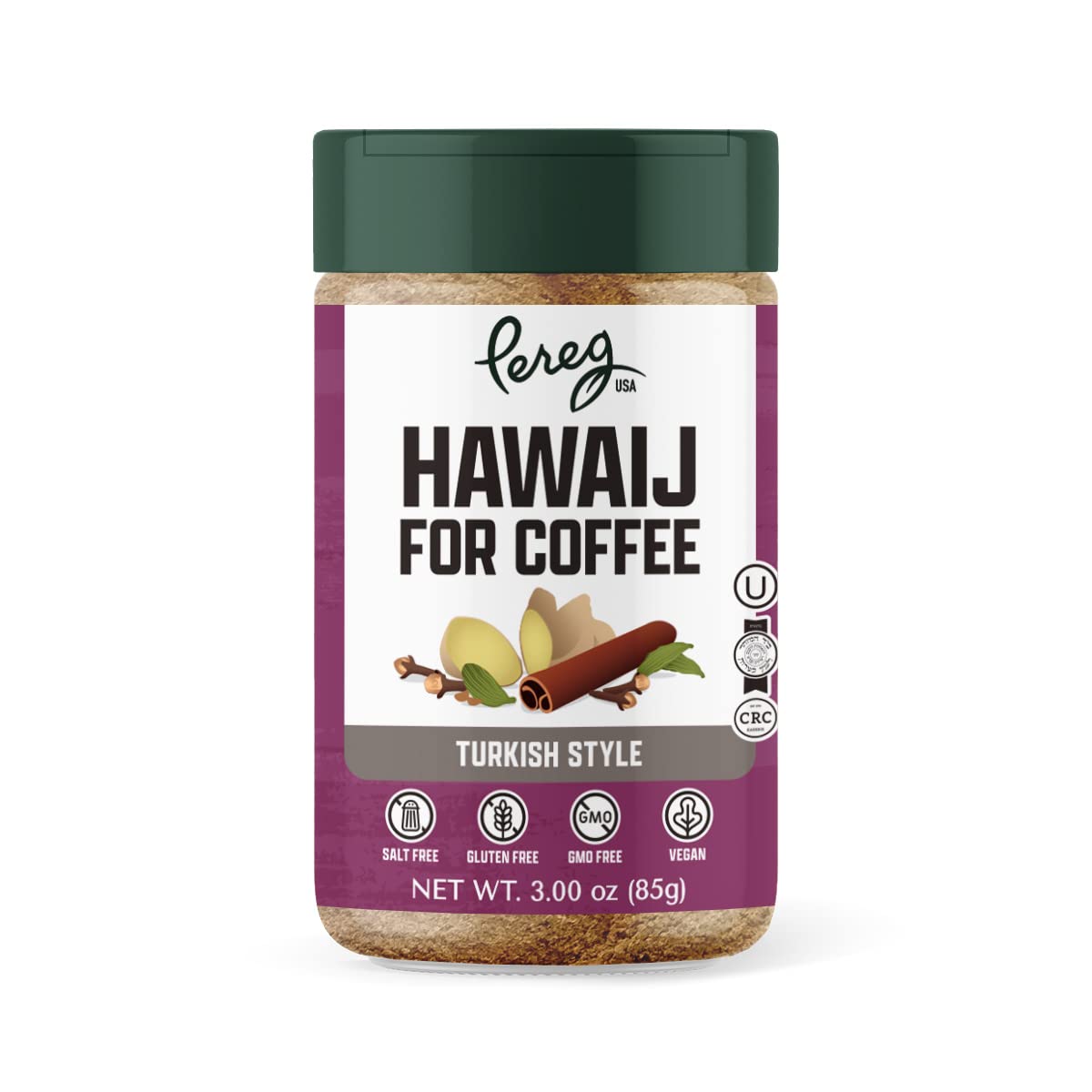 Pereg Coffee Mix Hawaij spice jar elevates aroma and flavor in brewed coffee.