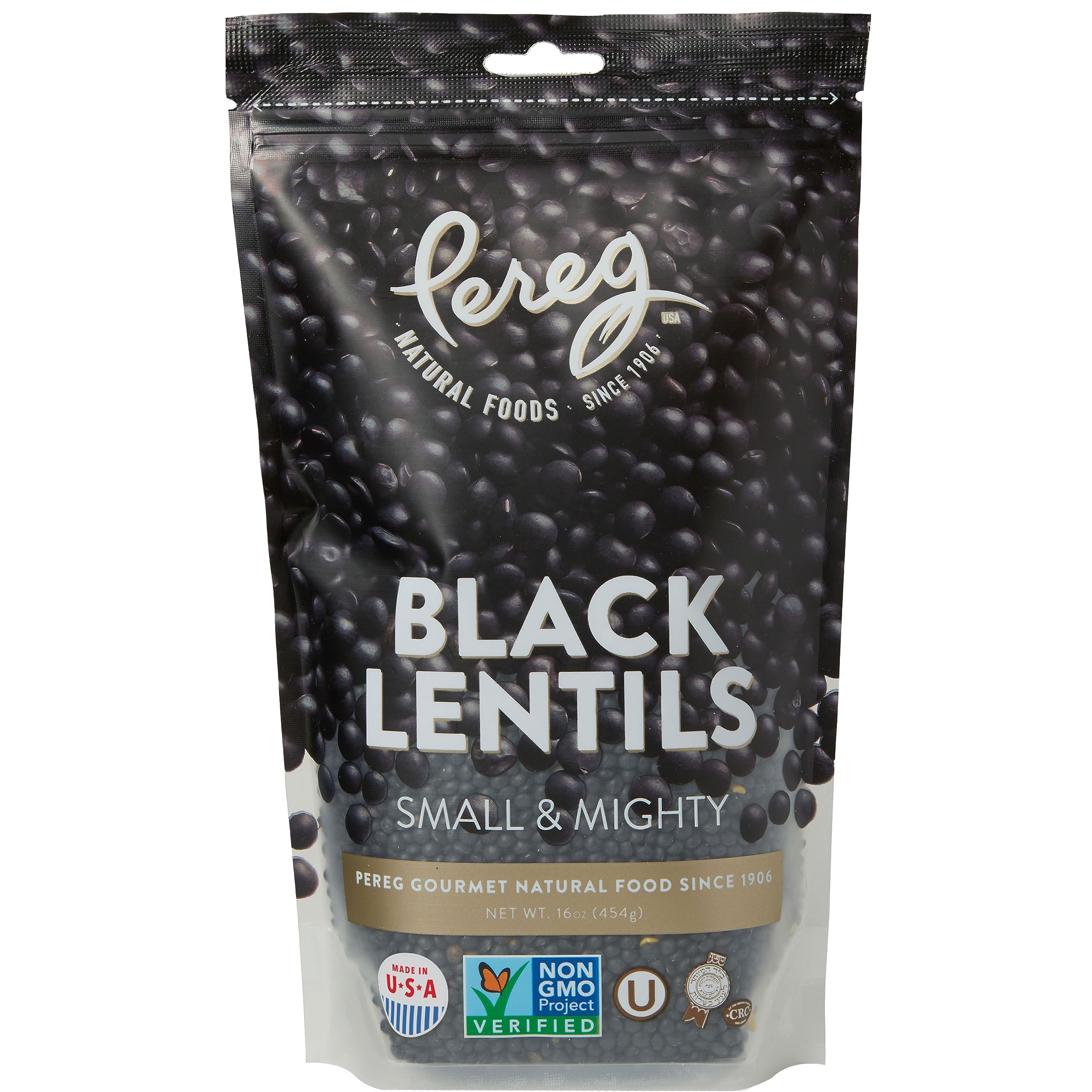Pereg Whole Black Lentils bag on a kitchen counter for versatile vegan meals.