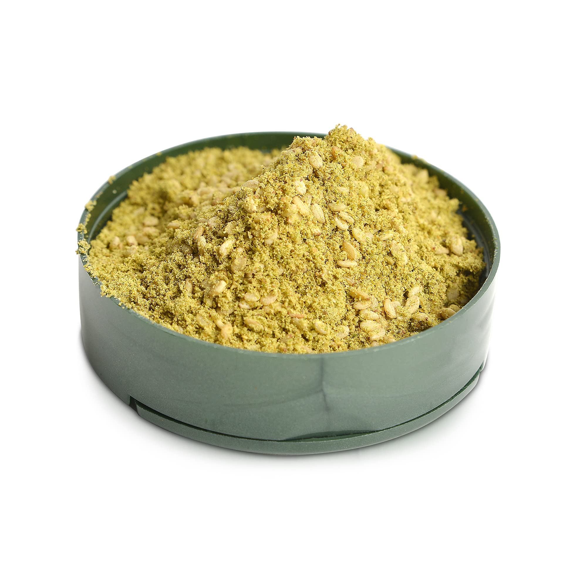 Pereg Za'atar spice jar close-up showing sesame seeds and herbs for vibrant seasoning