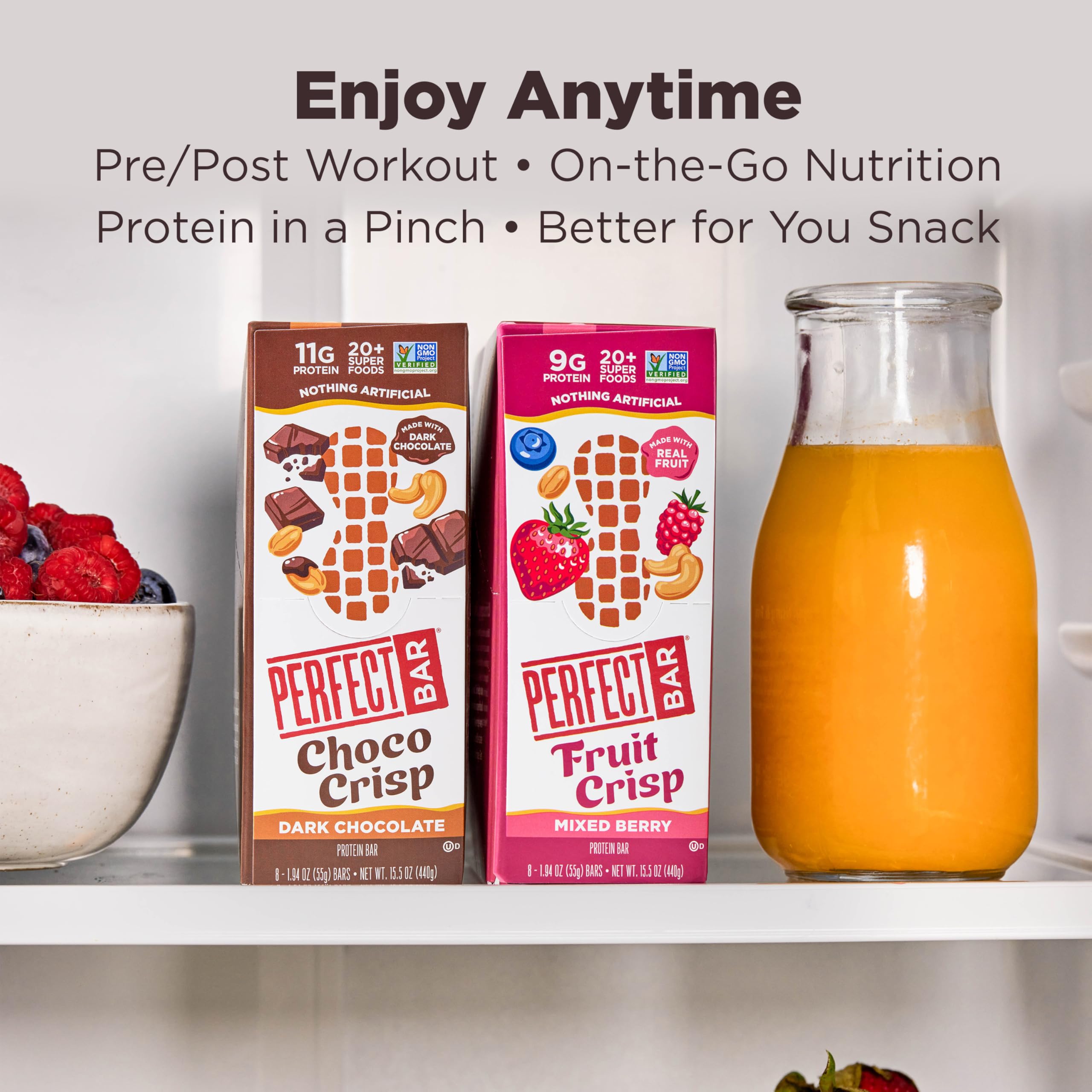 Refrigerated storage shelf shows freshness and convenient snack access.