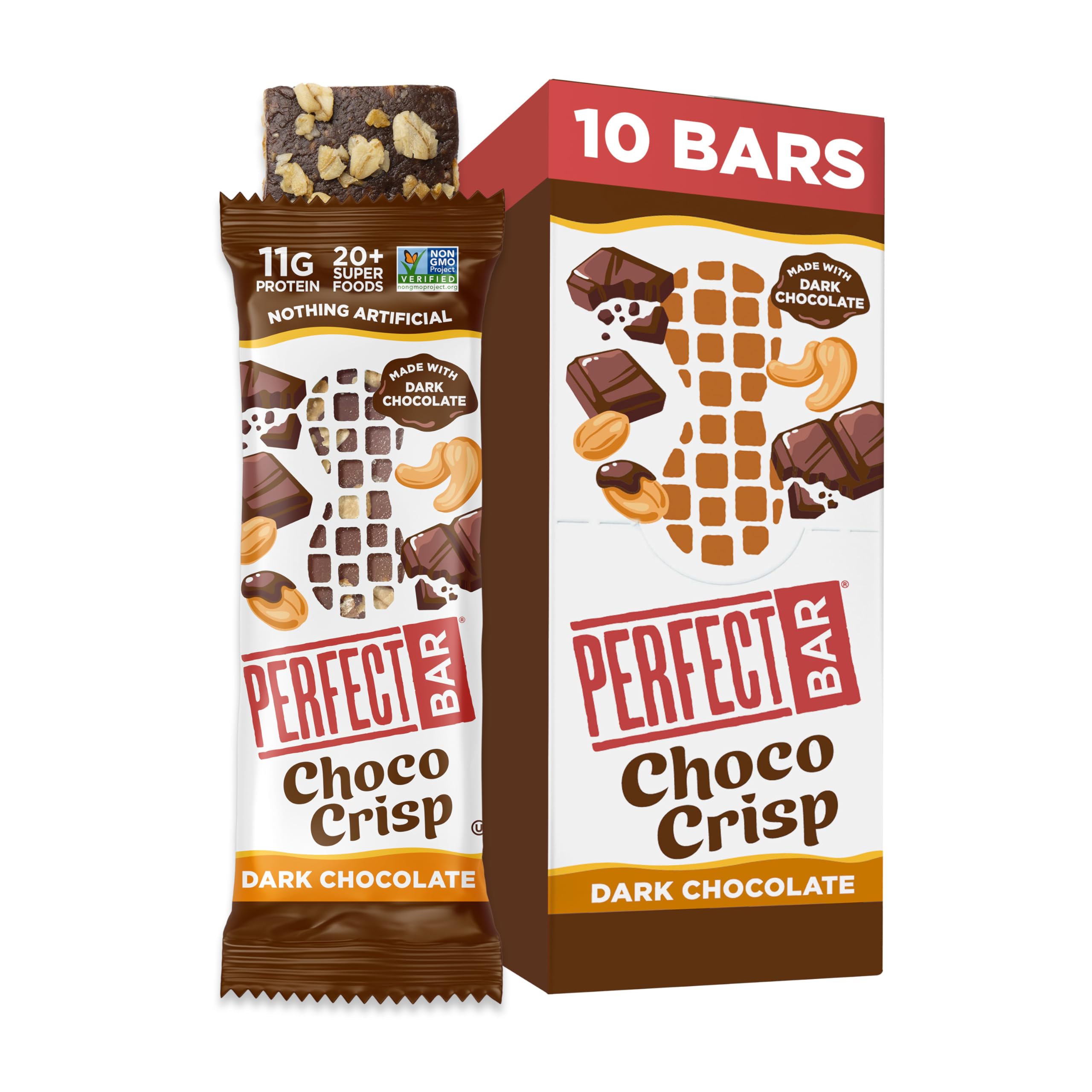 Perfect Bar Choco Crisp packshot, gluten-free and soy-free protein snack with a rich dark chocolate layer.