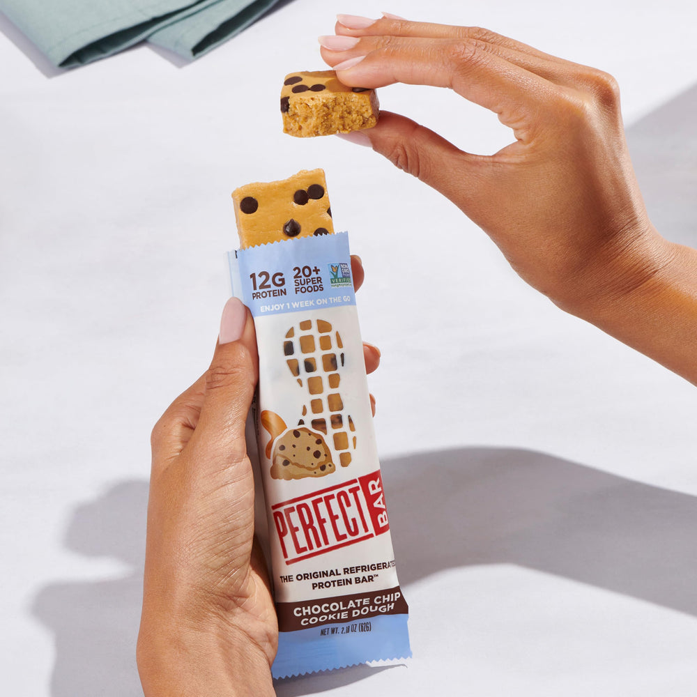 Perfect Bar texture close-up reveals the chewy cookie dough bite.