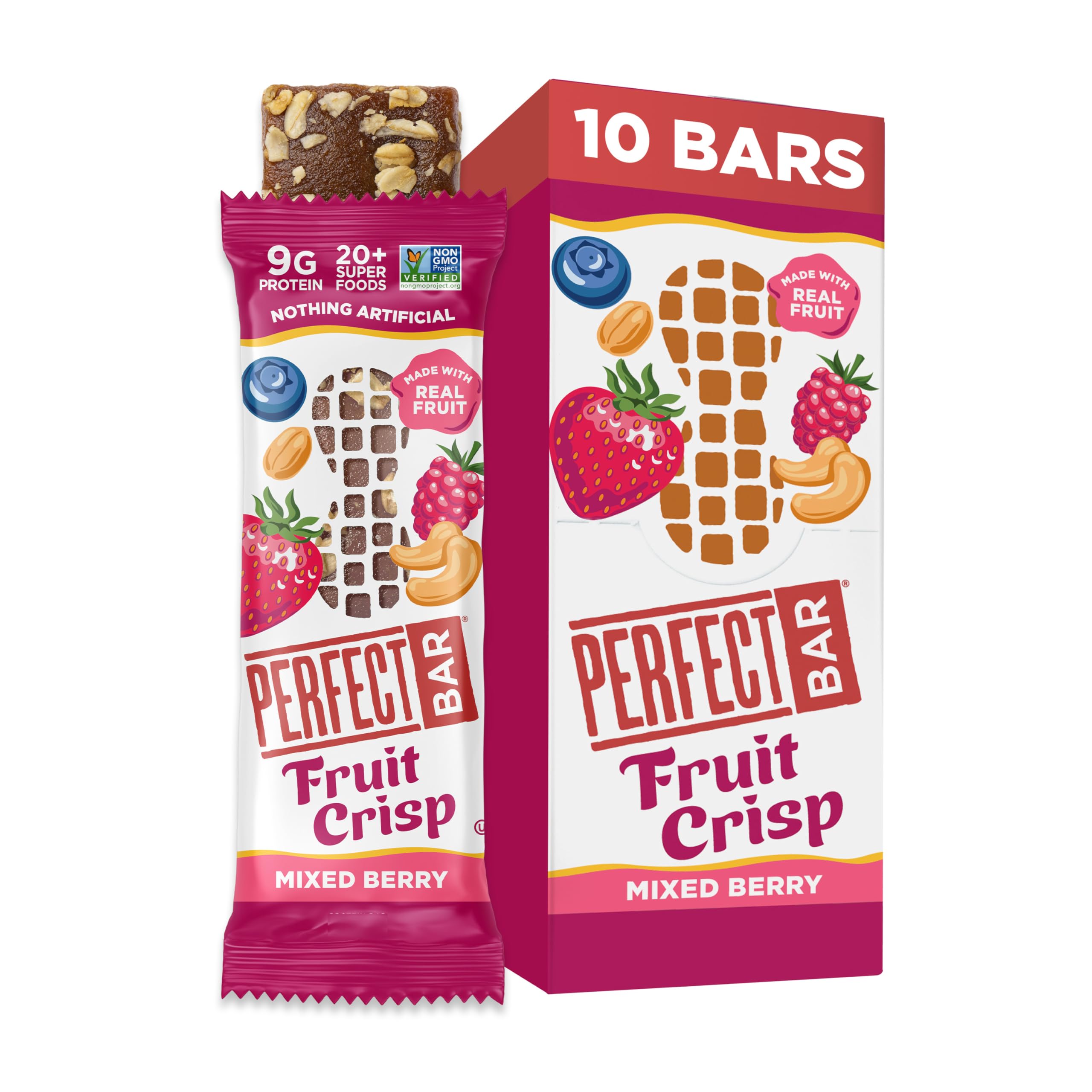 Perfect Bar Fruit Crisp Mixed Berry bars pack showcases gluten-free, protein-rich snacks.