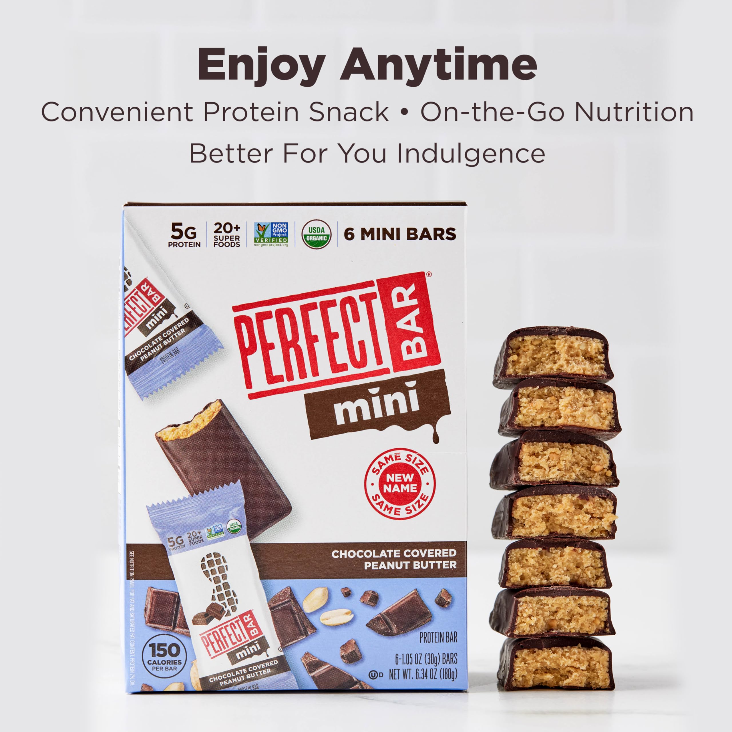 20+ organic superfoods visible in Perfect Bar Mini packaging.