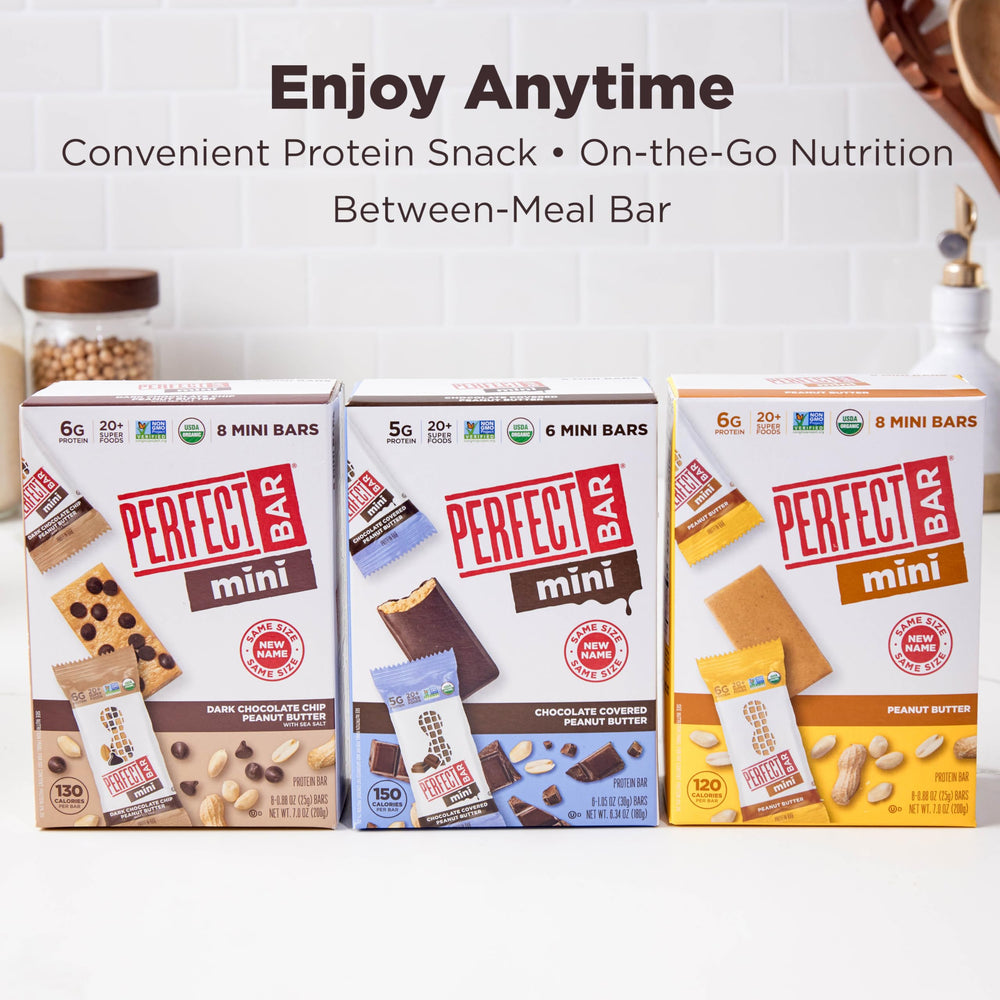 Perfect Bar Mini ingredients list highlighting 20+ organic superfoods.