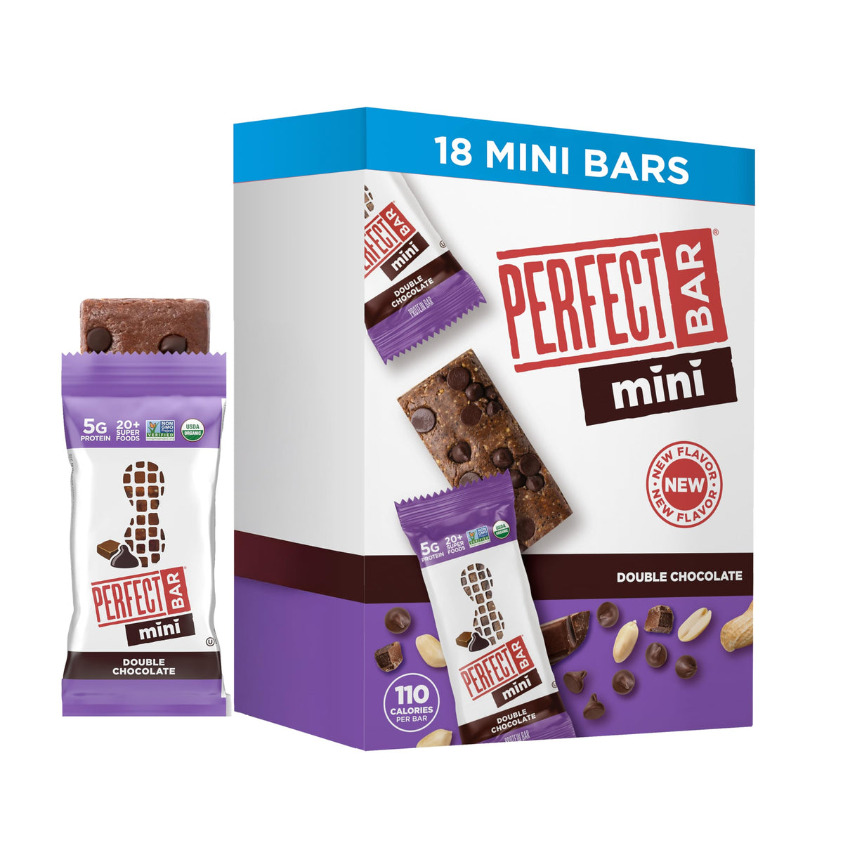 Perfect Bar Mini Double Chocolate packaging highlights a fridge-friendly snack
