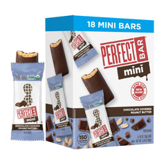 Perfect Bar Mini packaging with chocolate-coated peanut butter bar for on-the-go protein.