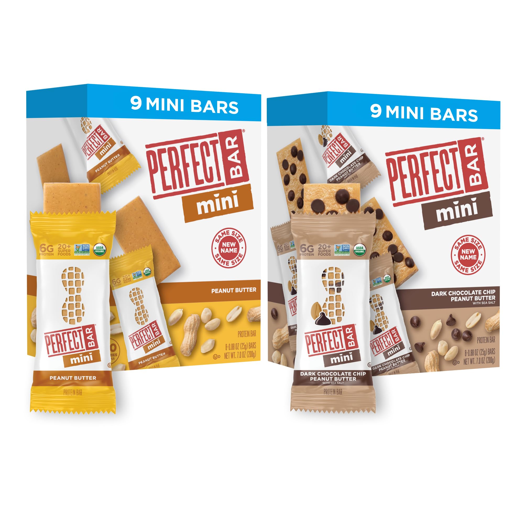 Perfect Bar Mini Variety Pack: Peanut Butter and Dark Chocolate Chip, protein-packed snack.