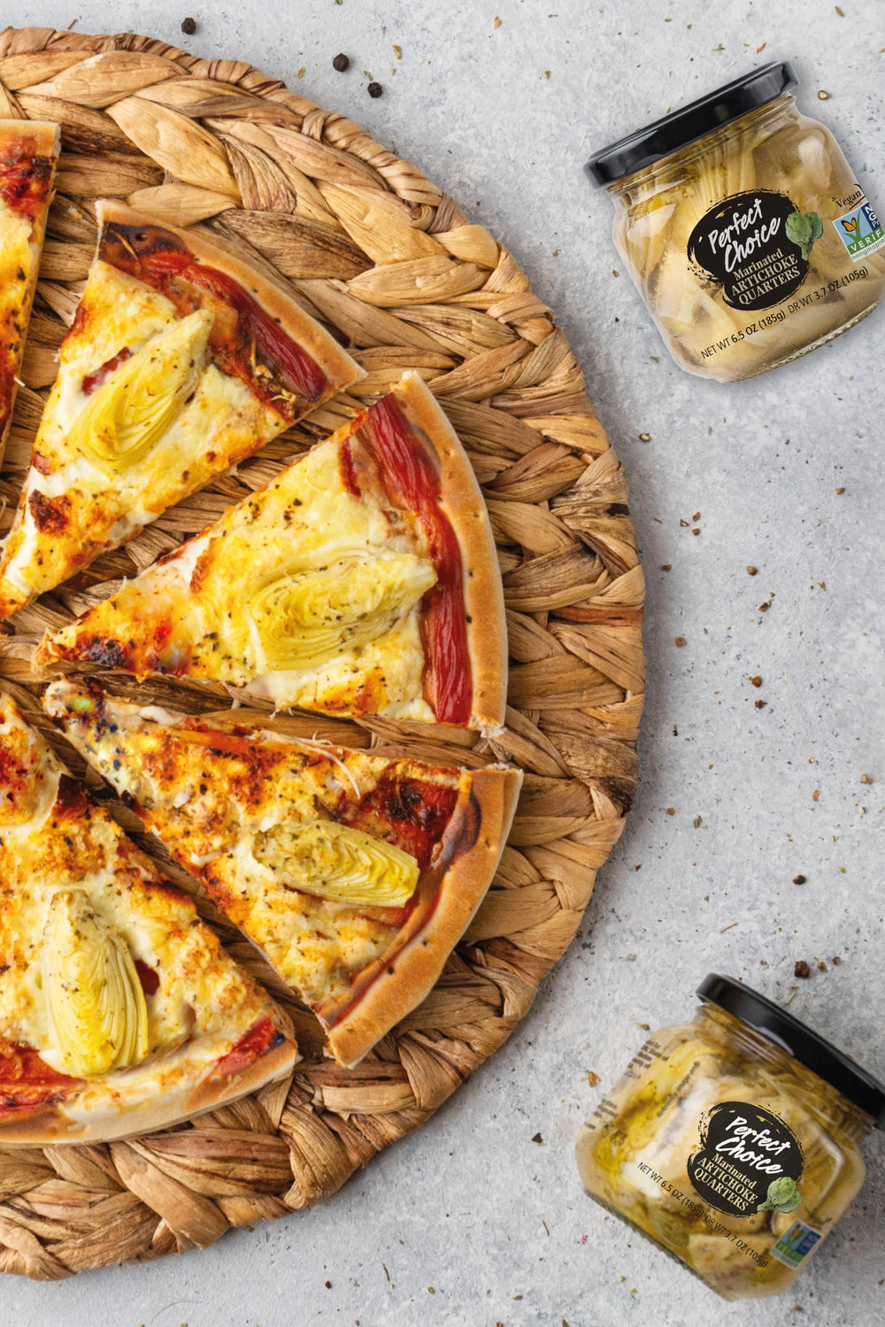 Perfect Choice Artichoke Quarters in a kitchen spread, versatile for meals.