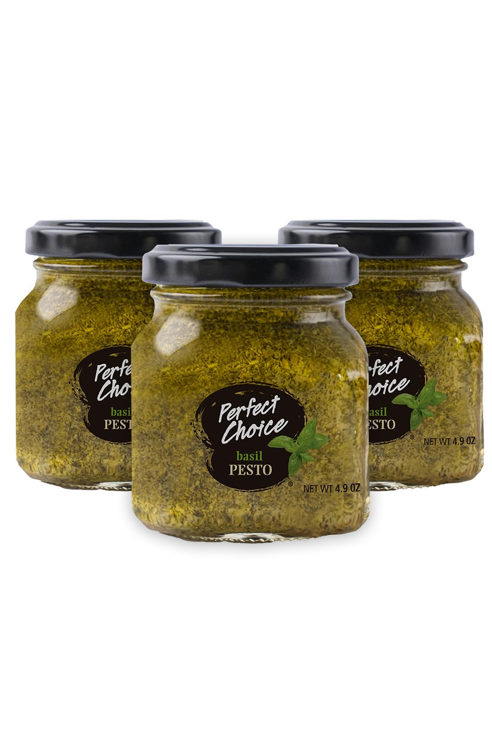 Perfect Choice Basil Pesto jar front with fresh basil and pine nuts, ideal for pasta