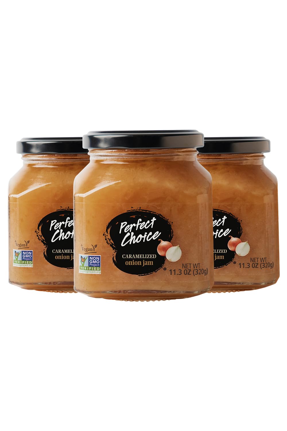 Perfect Choice Caramelized Onion jar on counter, ideal burger topping option.