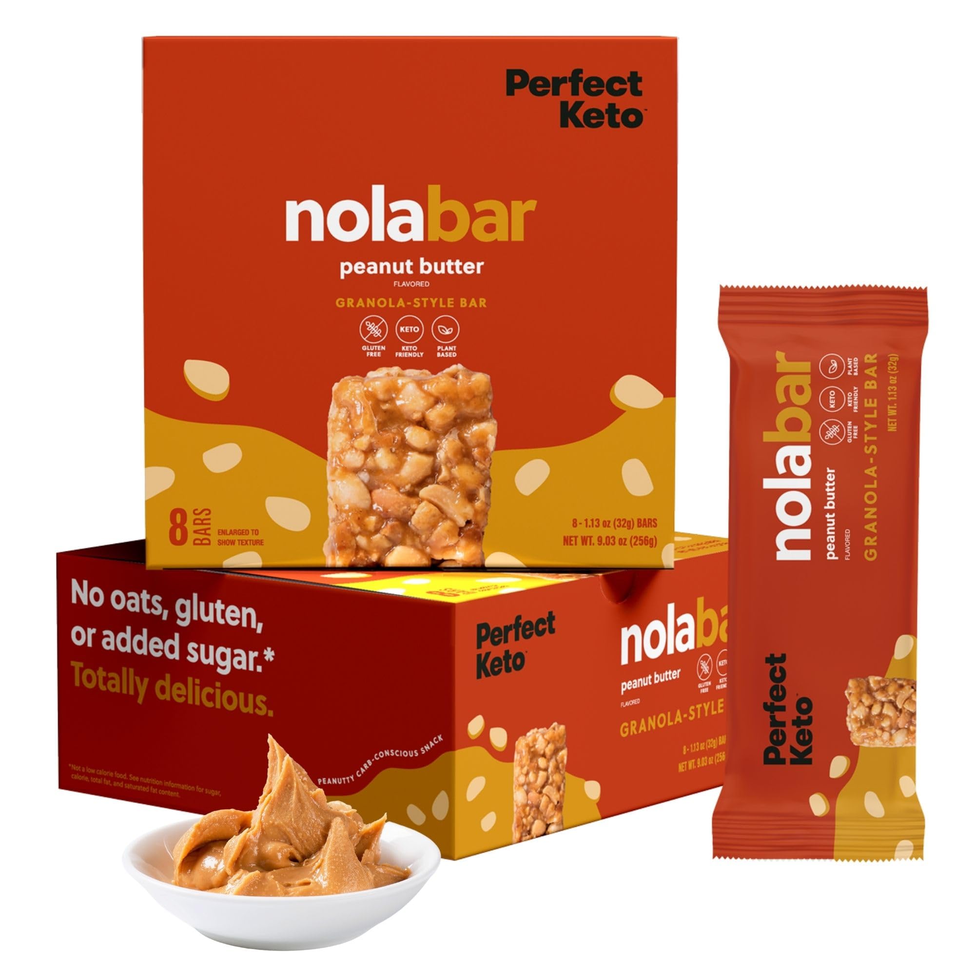 Perfect Keto Nola Bars peanut butter packaging: convenient gluten-free snack for busy mornings.