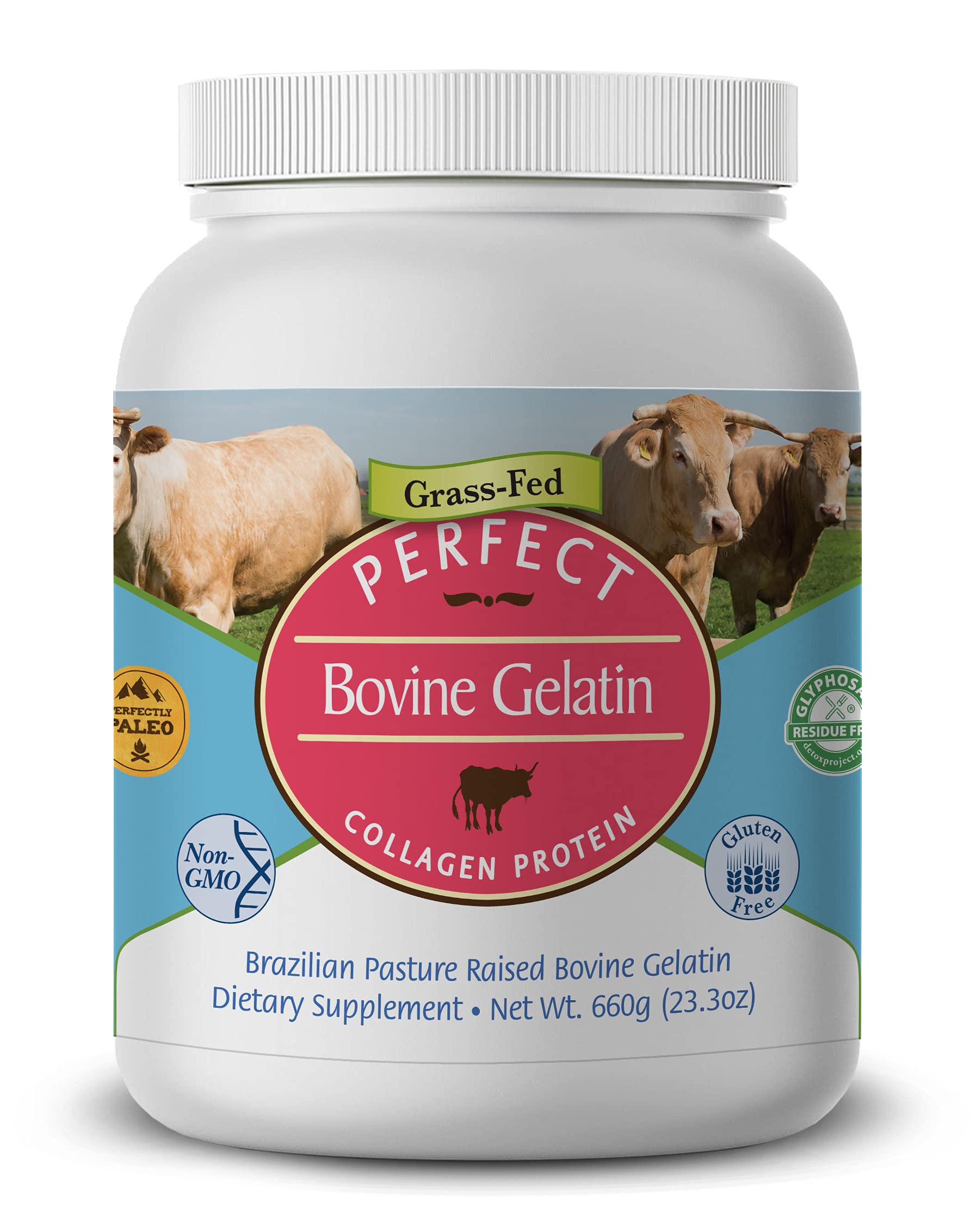 Perfect Supplements Perfect Bovine Gelatin 660g front label; premium collagen protein for skin and joints.