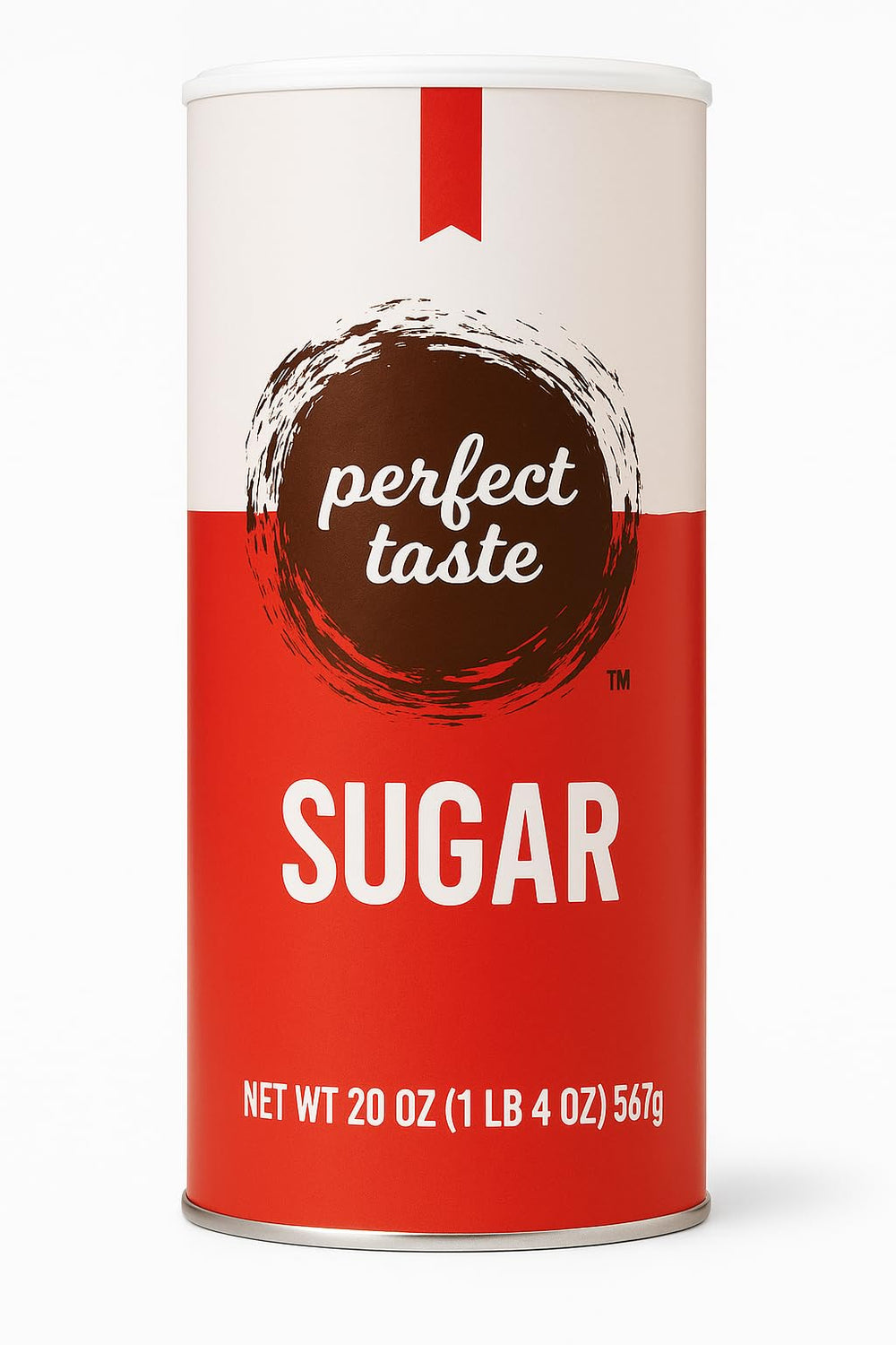 Perfect Taste granulated sugar pour canister for quick coffee sweetening.