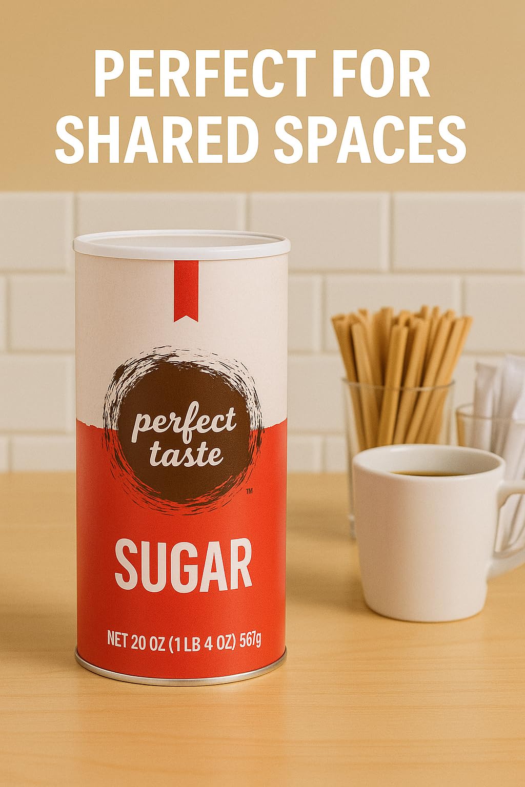 Perfect Taste sugar sits neatly on the counter for quick access.