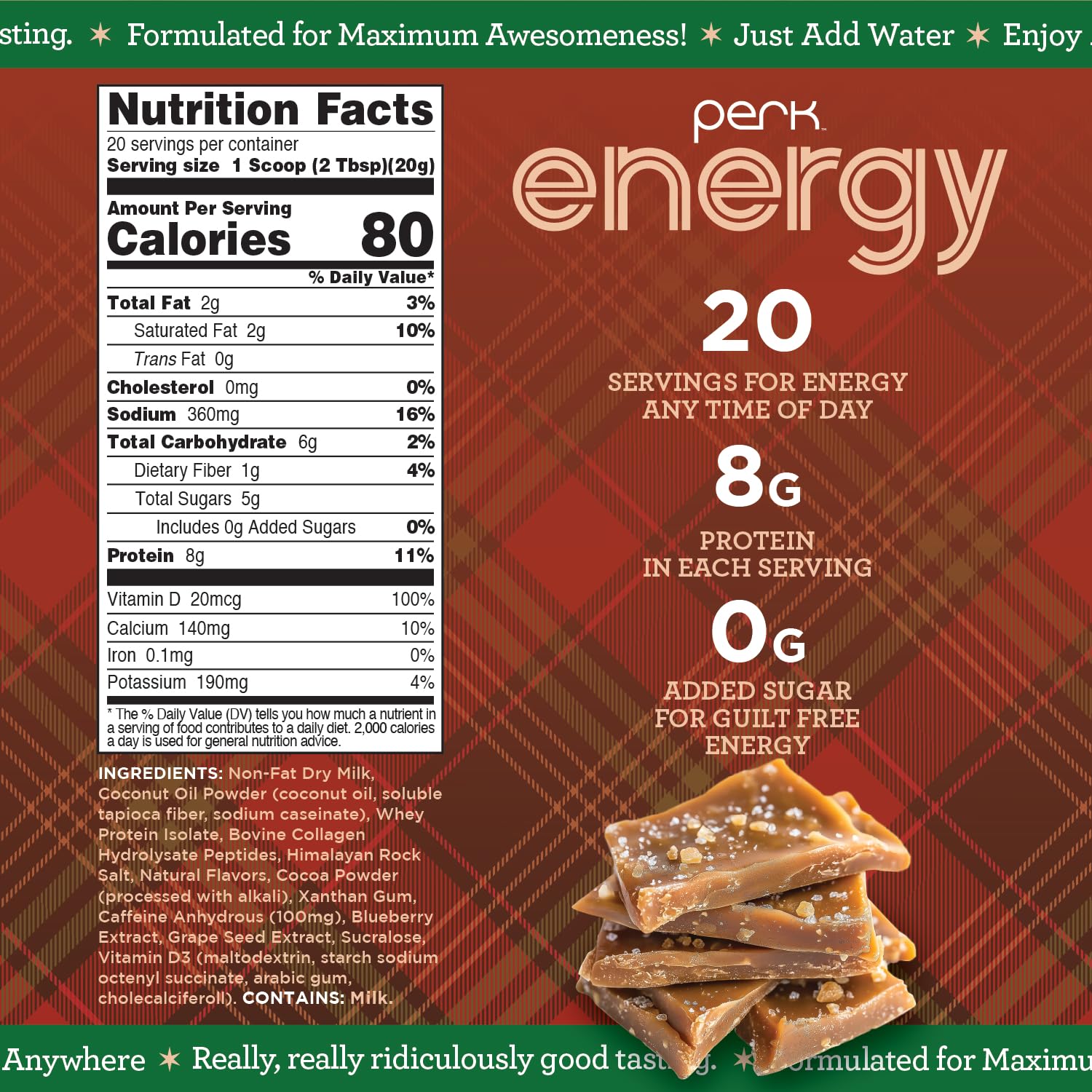 Perk Energy Drink Mix scoop showing protein boost for quick workouts