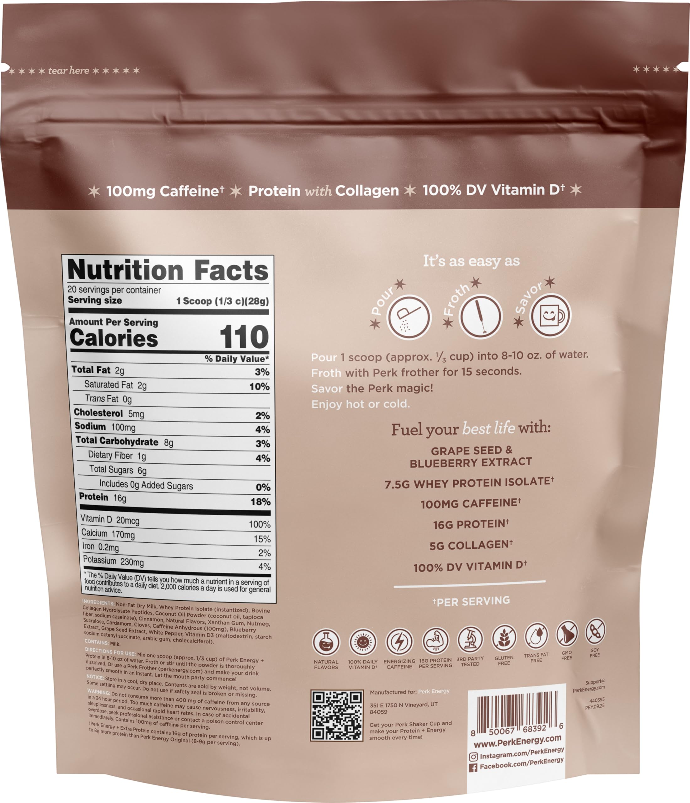 Perk Energy + Extra Protein Powder chai latte pour conveys creamy mix and ready-to-drink convenience.