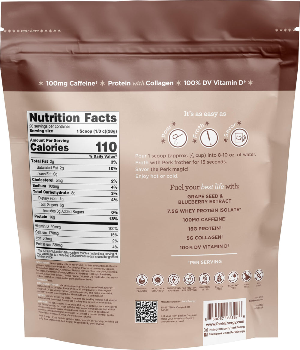 Perk Energy + Extra Protein Powder chai latte pour conveys creamy mix and ready-to-drink convenience.