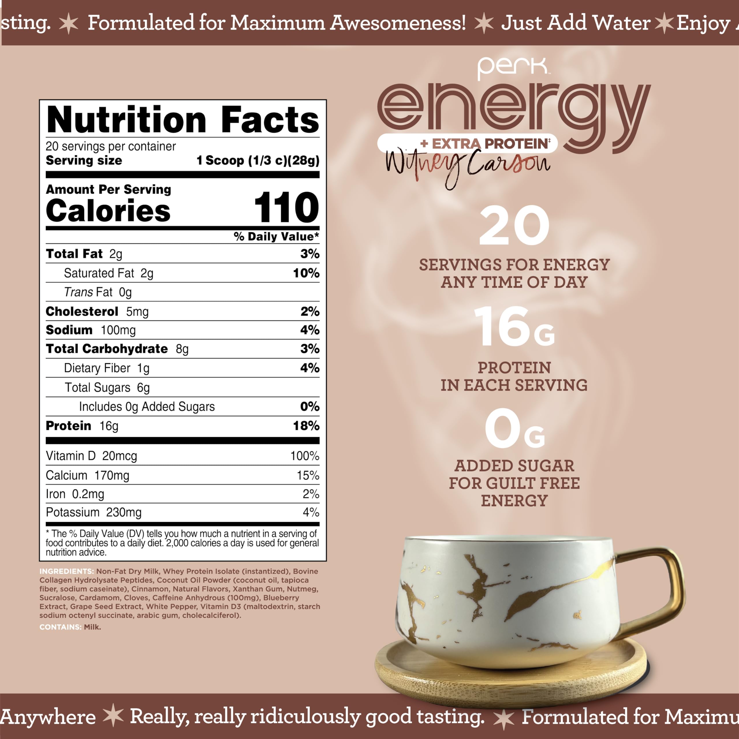 Perk Energy + Extra Protein Powder chai latte scoop highlights 16g protein per serving for workouts.