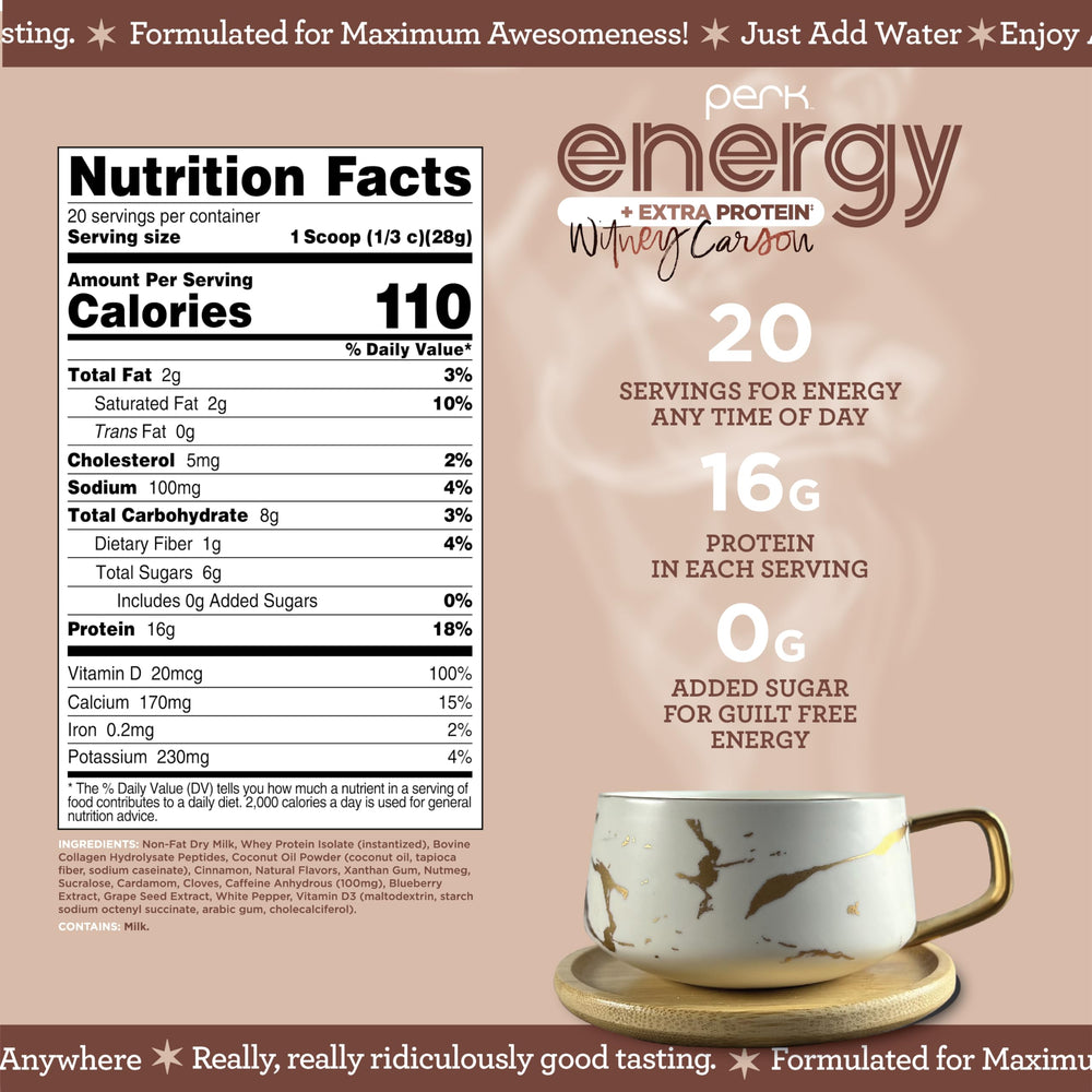 Perk Energy + Extra Protein Powder chai latte scoop highlights 16g protein per serving for workouts.