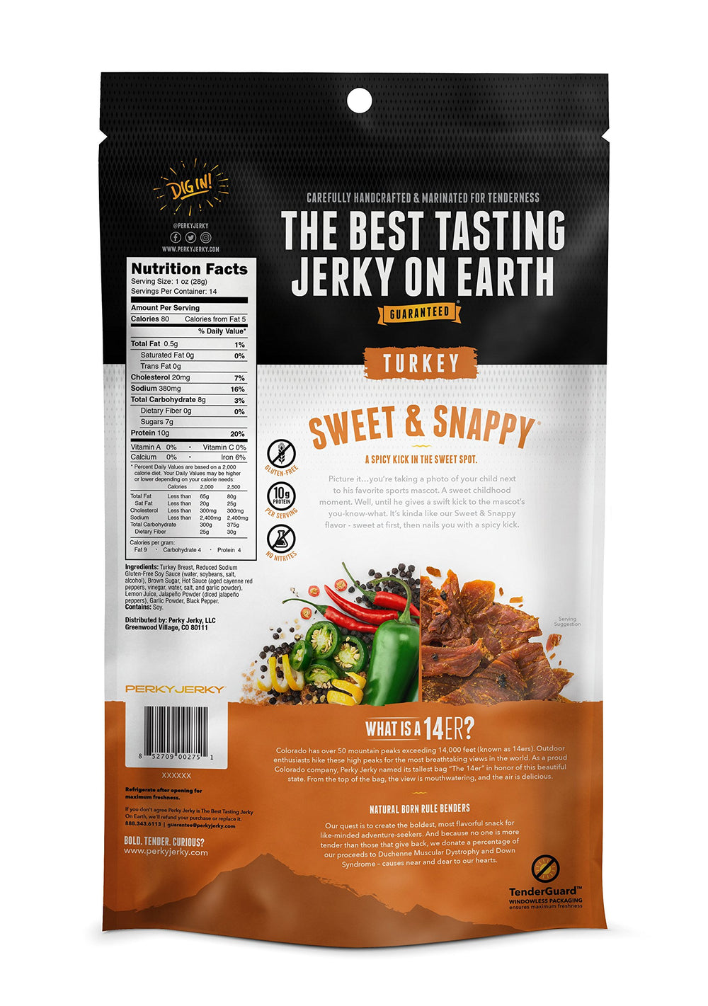 Perky Jerky protein-packed serve emphasizes 10g protein per serving and low fat.