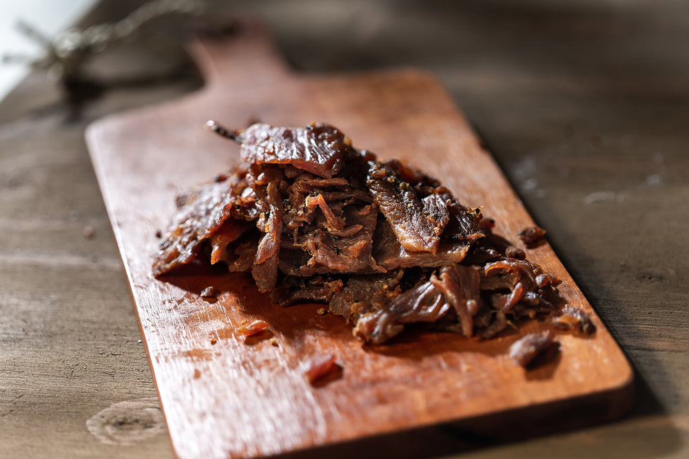 Perky Jerky reseal bag collection demonstrates portable convenience and portion control.
