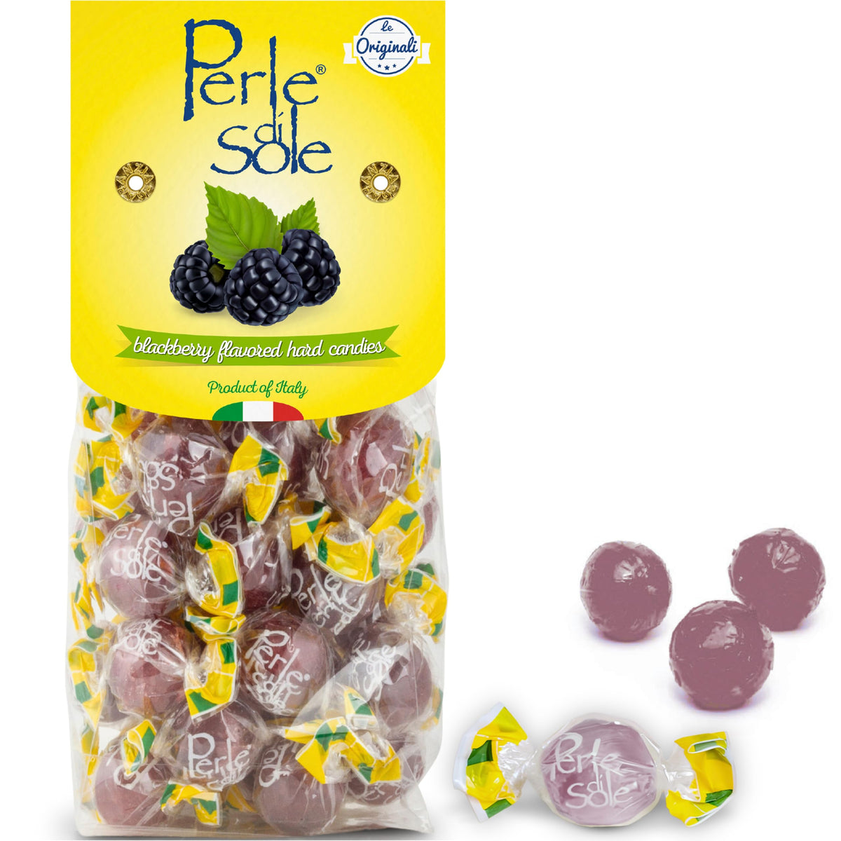 Perle di Sole blackberry hard candy bag featuring individually wrapped treats for on-the-go snacking.