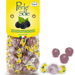 Perle di Sole blackberry hard candy bag featuring individually wrapped treats for on-the-go snacking.