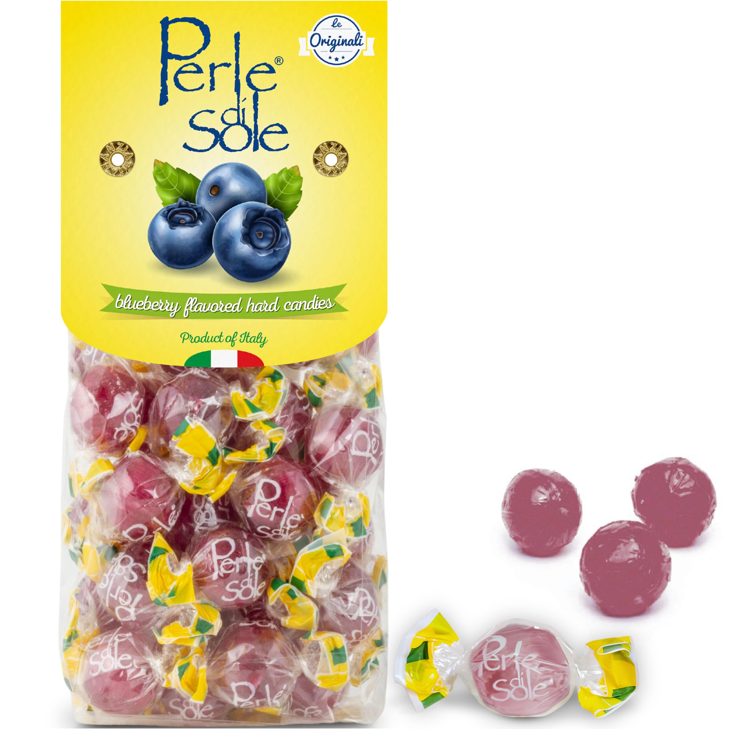 Perle di Sole blueberry hard candy with glossy shell for a fruity, on-the-go treat.