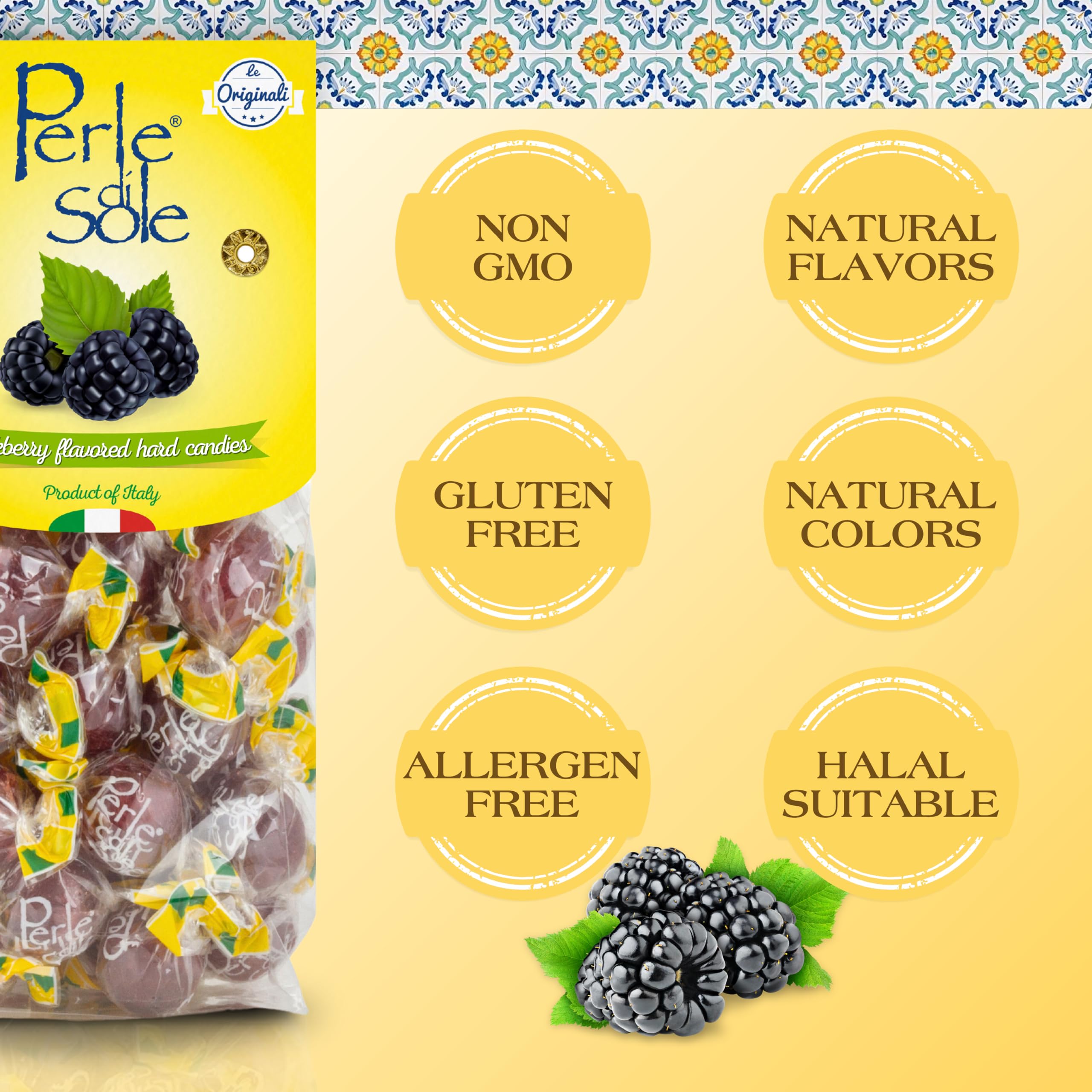 Perle di Sole individually wrapped blackberry candies highlighting convenient, mess-free enjoyment.
