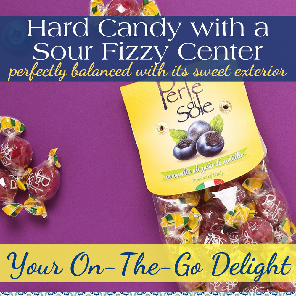 Italian gift-style packaging of Perle di Sole blueberry candies for celebrations.