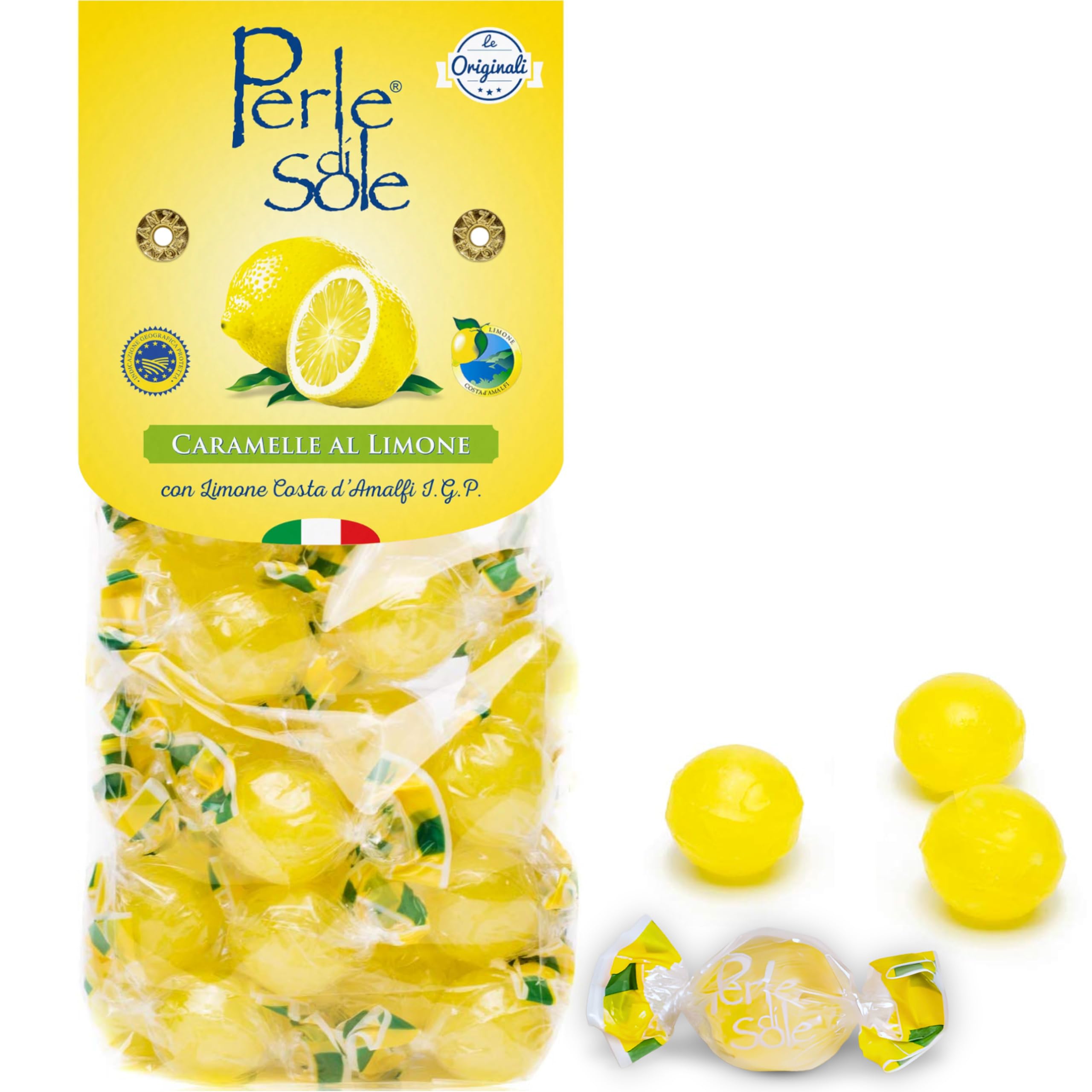 Perle di Sole Lemon Drops packaging highlights authentic Italian gift potential.