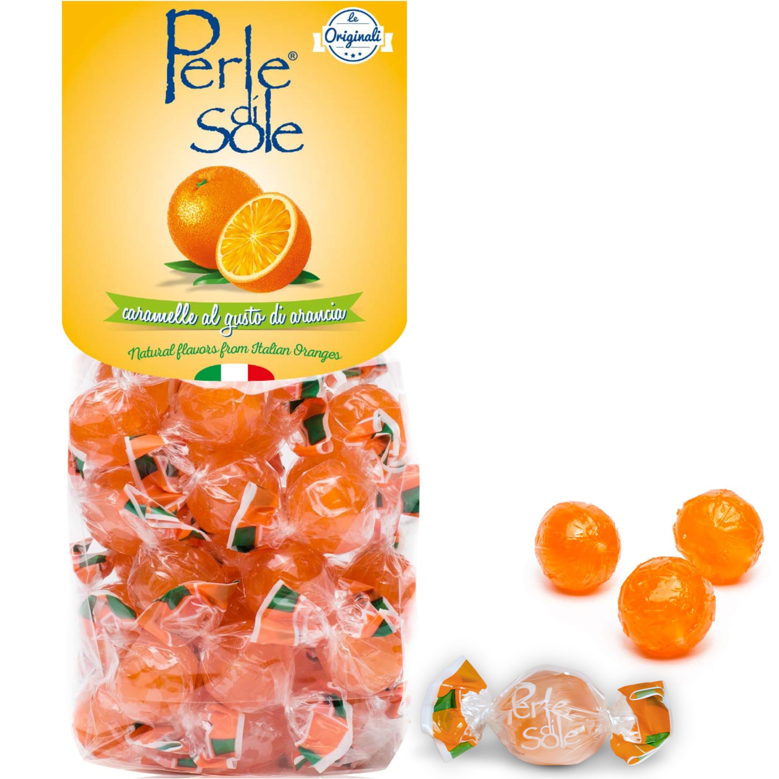 Perle di Sole orange hard candy in bag front, ideal for gifting or sharing.