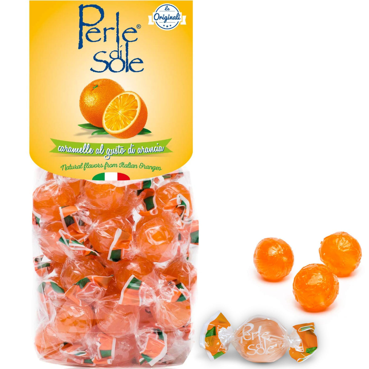 Perle di Sole orange hard candy in bag front, ideal for gifting or sharing.