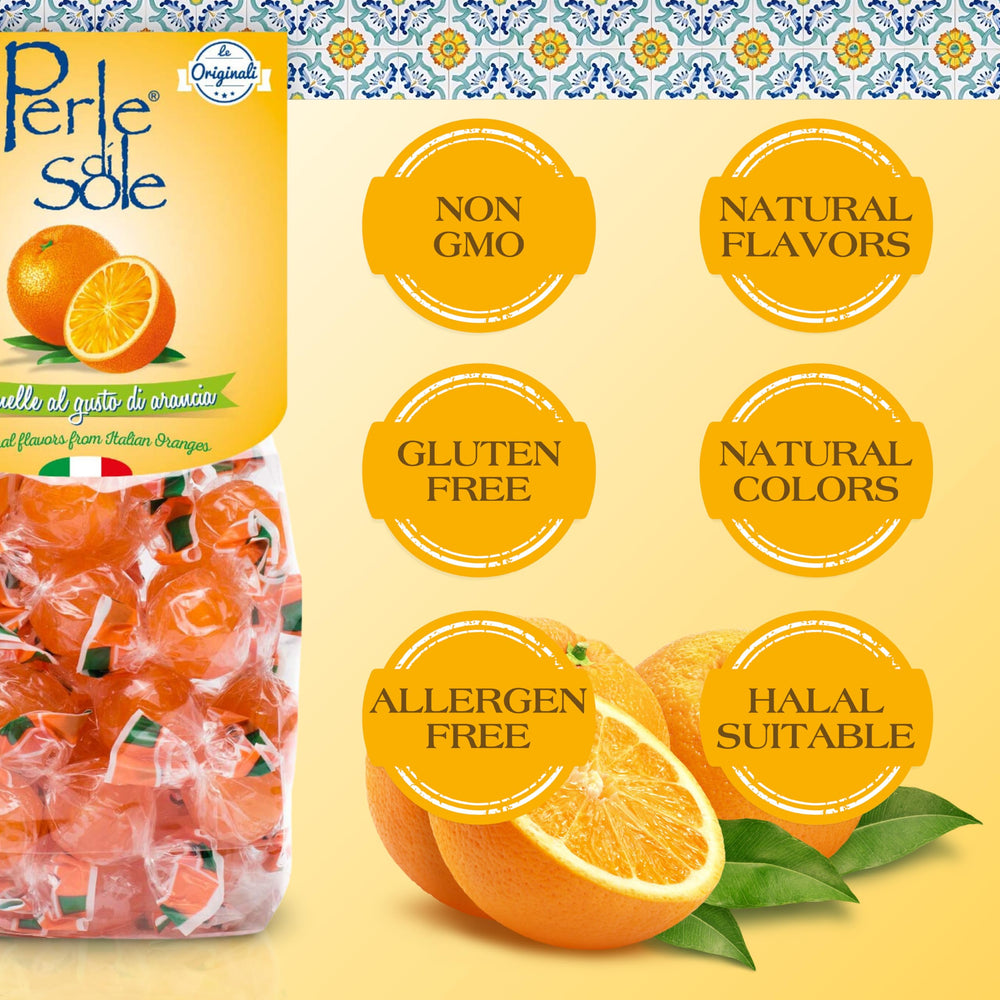 Perle di Sole orange hard candy wrappers, portable for travel and office snacking.