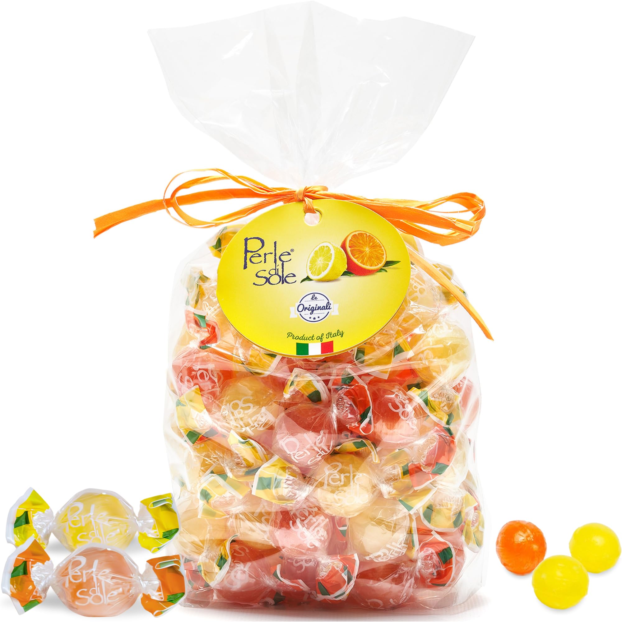 Perle di Sole orange-lemon drops with fizzy core, ideal for refreshing on-the-go snacking.