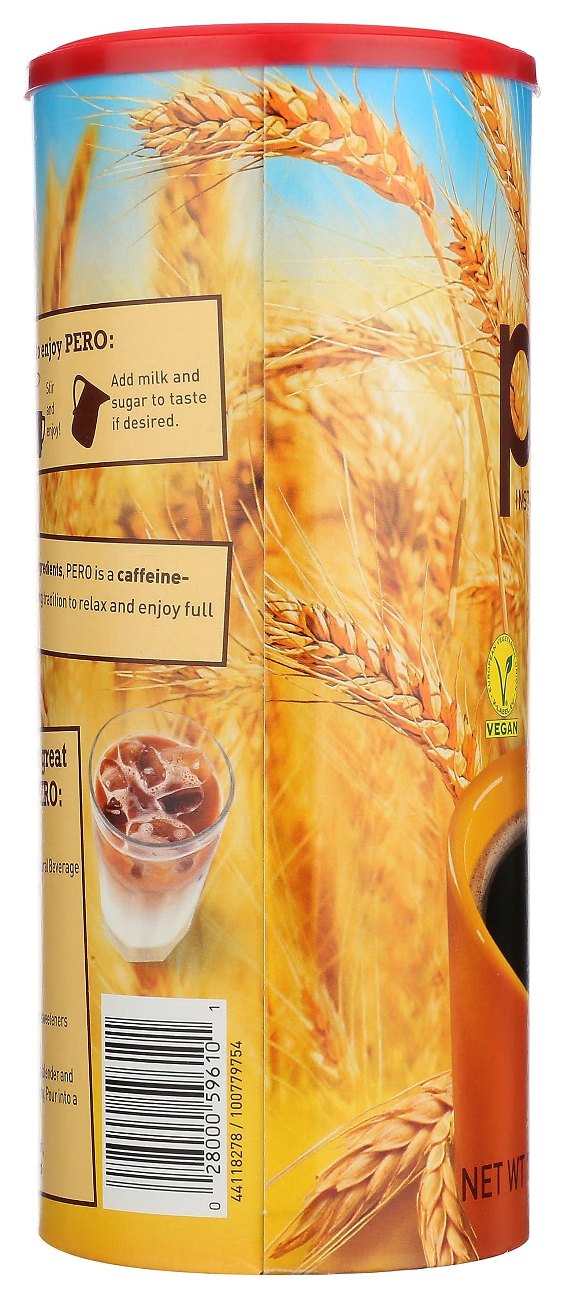 Close-up of Pero Instant Natural Beverage label emphasizing caffeine-free status.