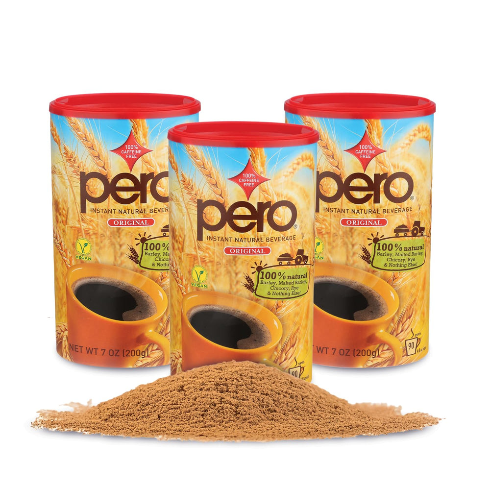 Pero Instant Natural Beverage pack of 3 canisters ready for daily caffeine-free sipping.