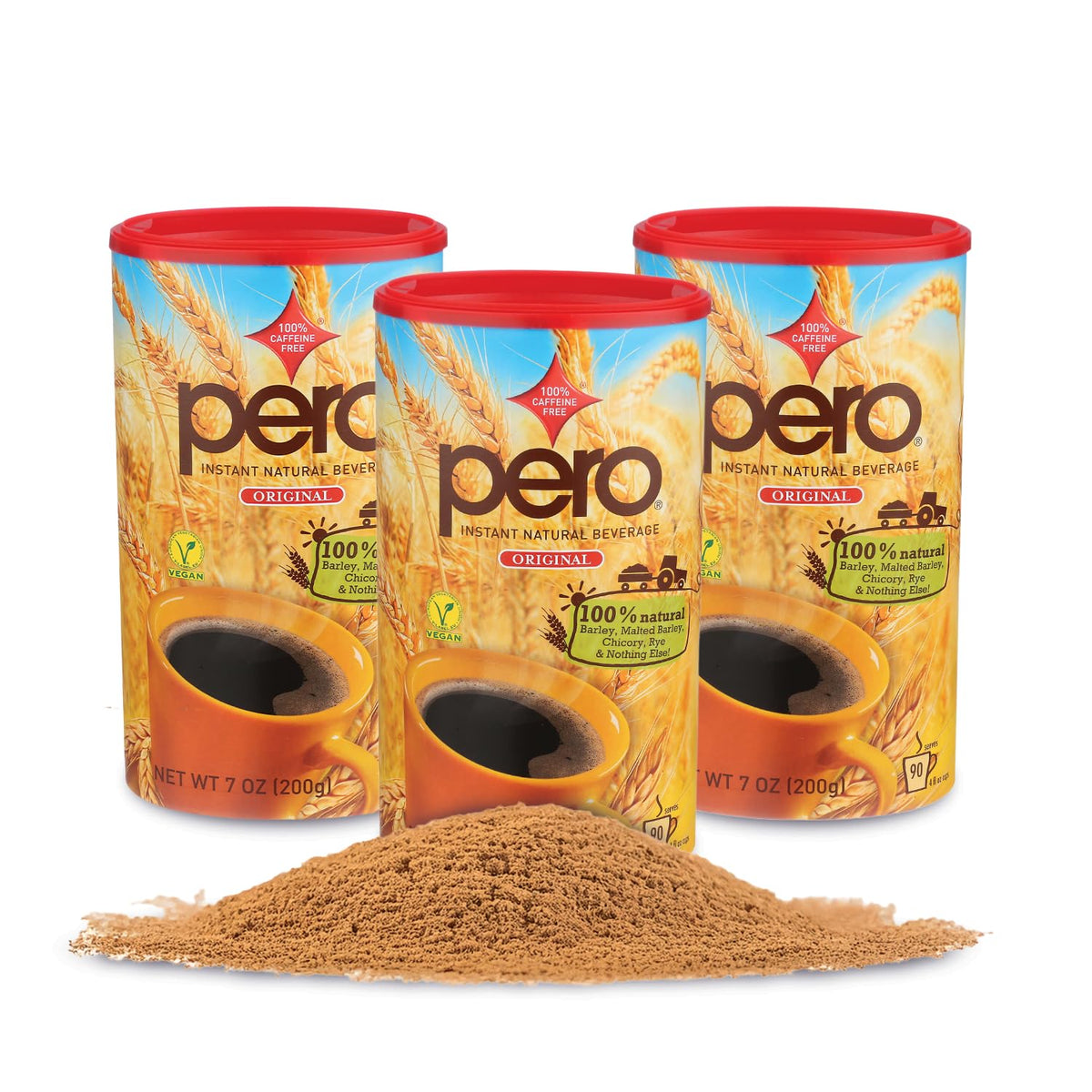 Pero Instant Natural Beverage pack of 3 canisters ready for daily caffeine-free sipping.