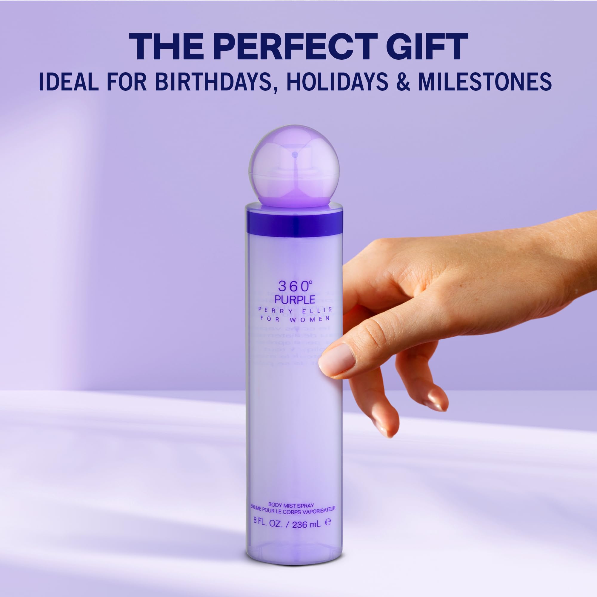 Perry Ellis 360 Purple tilted bottle view for versatile daytime use.