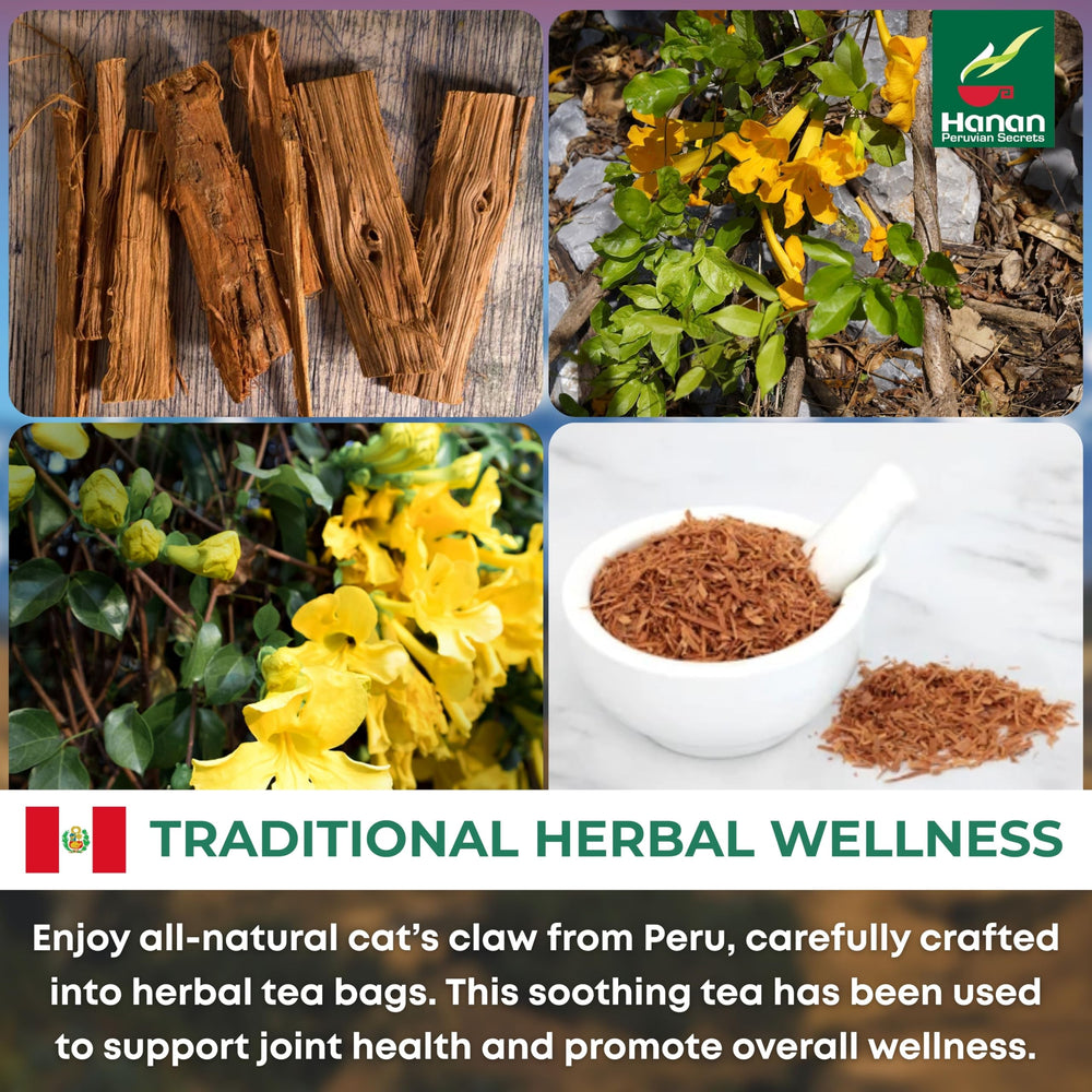 Peruvian Naturals Hanan Cat's Claw Tea ingredients closeup, highlighting Peru-sourced herb