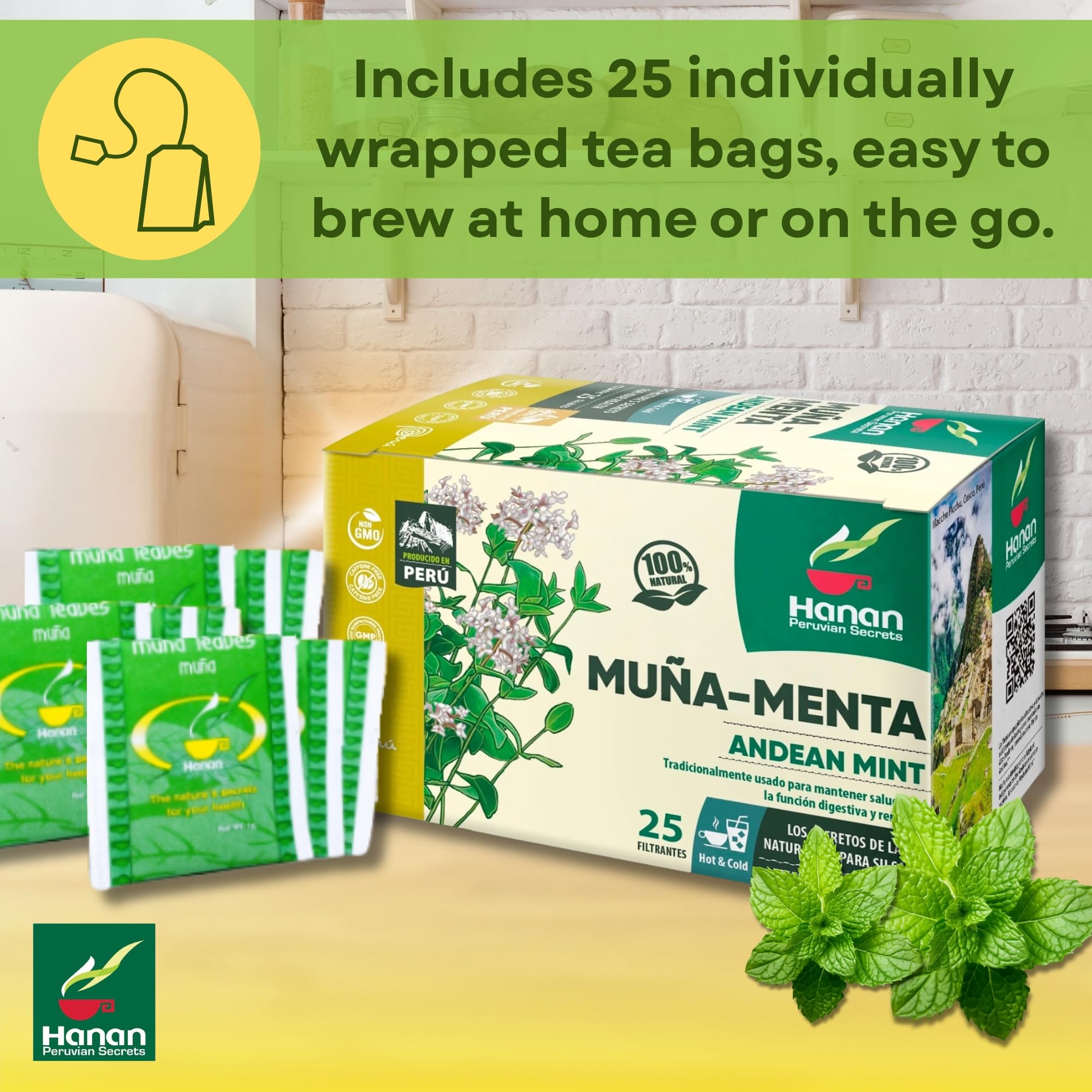 Peruvian Naturals Hanan Muna caffeine-free label signals evening-friendly sipping.