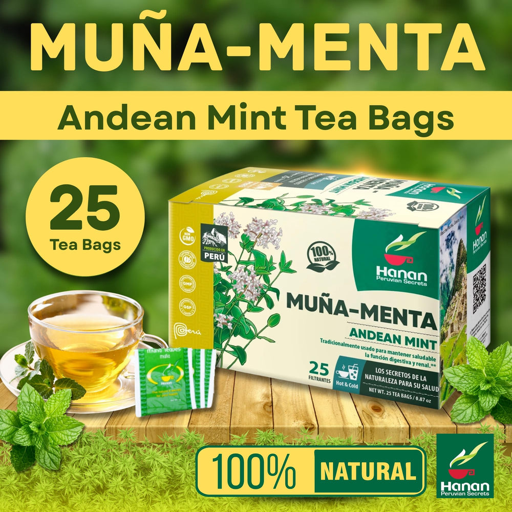 Peruvian Naturals Hanan Muna tea cup-steep scene highlighting easy brewing and soothing aroma.