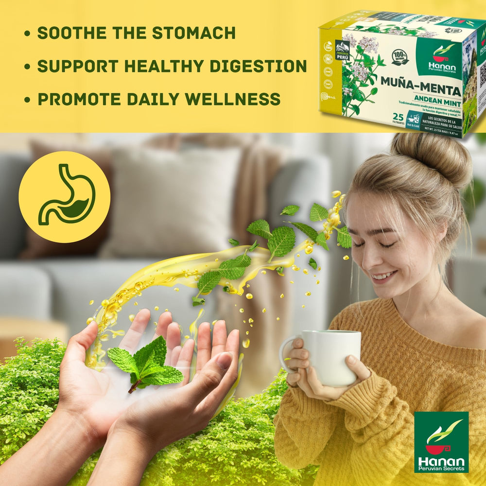 Peruvian Naturals Hanan Muna packaging displays 25 sachets for on-the-go freshness.