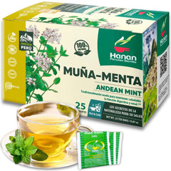 Peruvian Naturals Hanan Muna tea bags with cup evoke a refreshing caffeine-free ritual for digestion support.